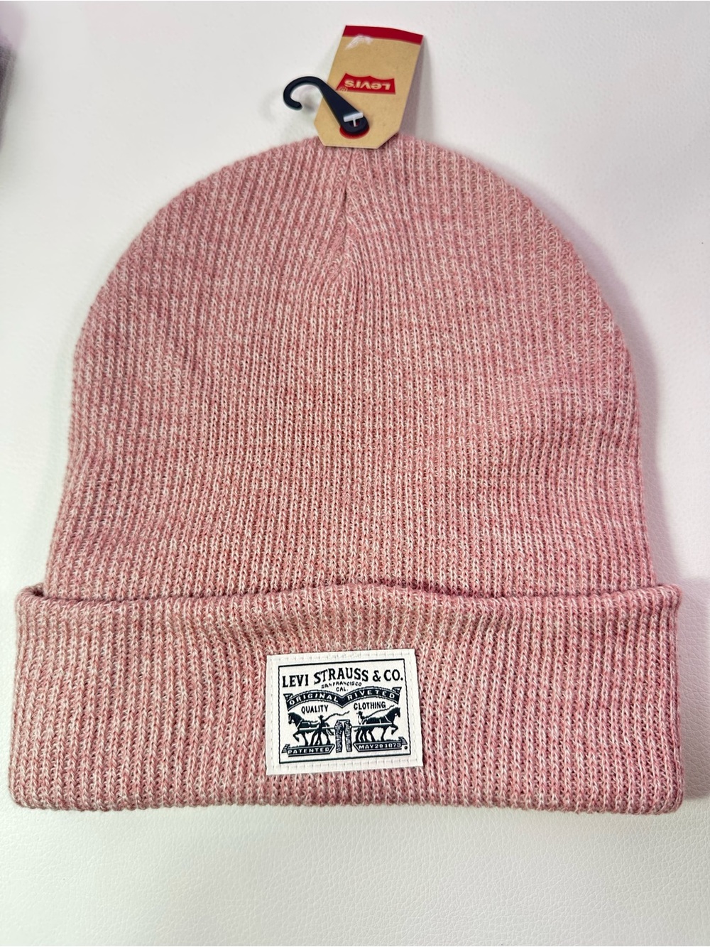 NEW LEVS BACK PATCH KNIT CAP/BEANIE HAT MARL PINK/ROSE/WHITE